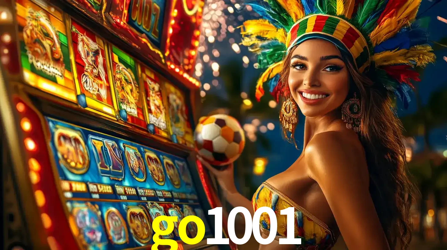 Mulher com um cocar de carnaval ao lado de uma máquina de caça-níqueis enquanto segura uma bola de futebol, mostrando a união da diversão de cassino e esportes no go1001.