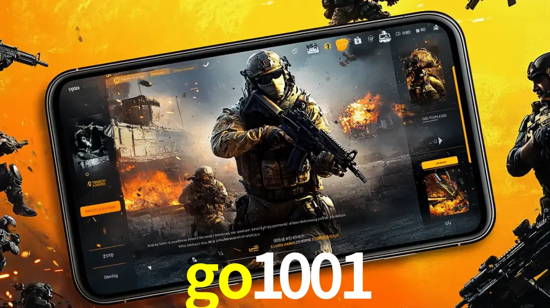 Um smartphone exibindo a interface de um jogo de tiro em primeira pessoa, com um soldado em um cenário de batalha, representando a ação dos e-sports para apostar no go1001.