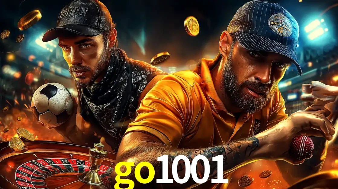 Montagem de apostas esportivas e cassino no go1001, com um homem segurando uma bola de futebol e outro uma de beisebol sobre uma roleta e moedas voadoras.