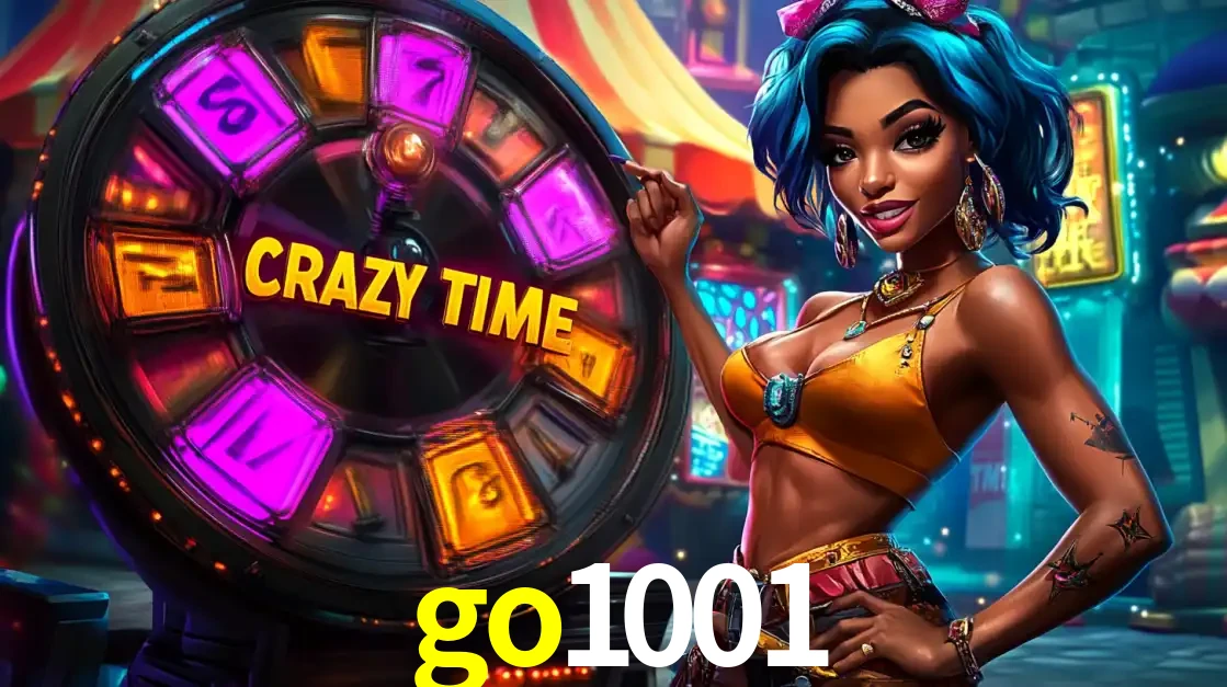 Mulher estilizada com cabelo azul e visual vibrante posando ao lado da roda de prêmios do game show Crazy Time, convidando para a diversão e os bônus do cassino go1001.