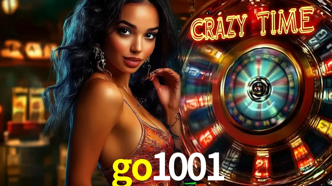 Mulher elegante ao lado da vibrante roda da fortuna do jogo de cassino ao vivo Crazy Time, um dos game shows mais populares e cheios de prêmios do go1001.
