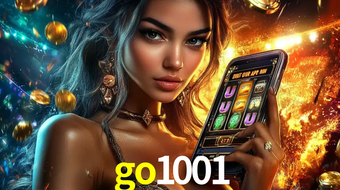 Mulher elegante mostrando um jogo de caça-níqueis em seu smartphone, destacando a experiência de cassino móvel oferecida pelo aplicativo go1001.