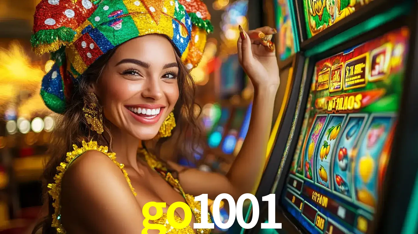 Mulher feliz com traje de carnaval amarelo e colorido ao lado de uma máquina de caça-níqueis, aproveitando a diversão e os jogos temáticos do cassino go1001.
