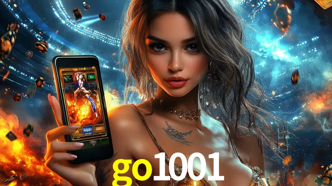 Mulher segurando um celular com um jogo de slot em destaque, tendo como fundo um estádio vibrante, simbolizando a emoção de jogar no cassino móvel go1001.